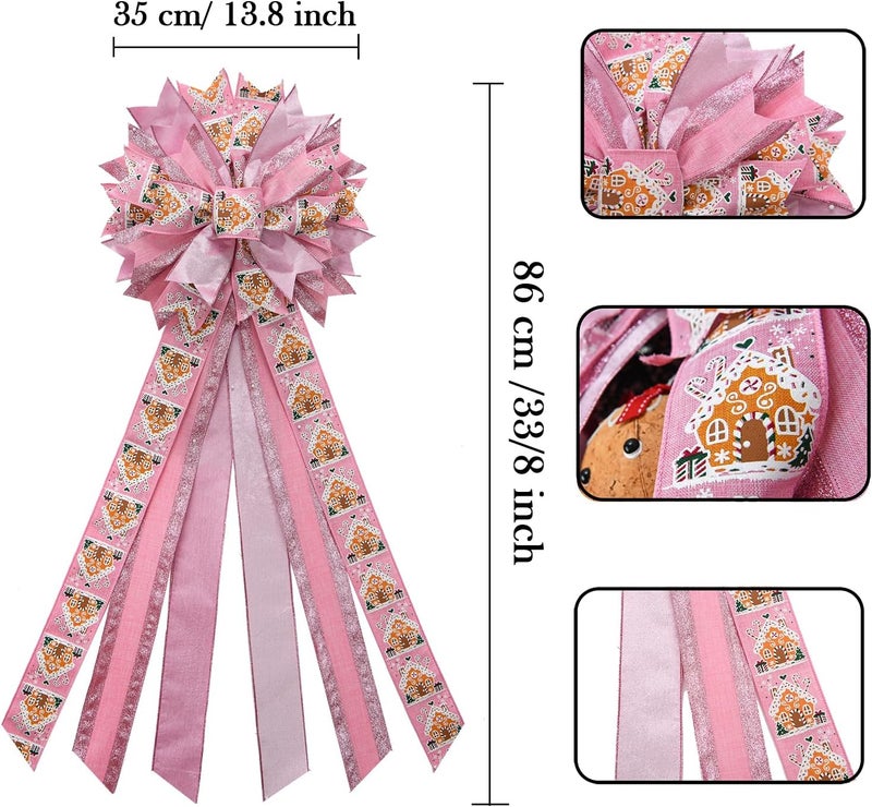 BUVANE Christmas Tree Topper,48x13 inches Large Toppers Bow with Snowflake Pattern for Christmas Decoration (Light Pink) - Image 2